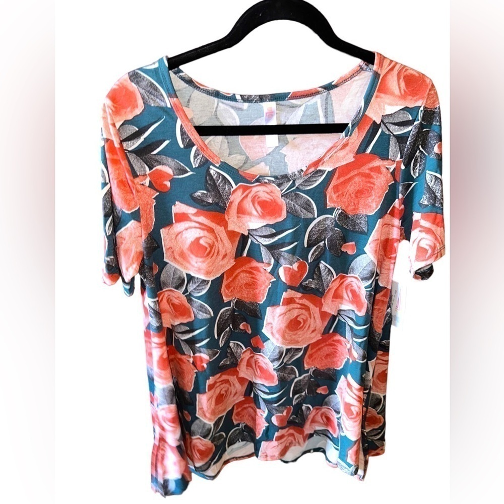 Lularoe medium‎ Teal & coral Perfect T with hearts & roses! NWT